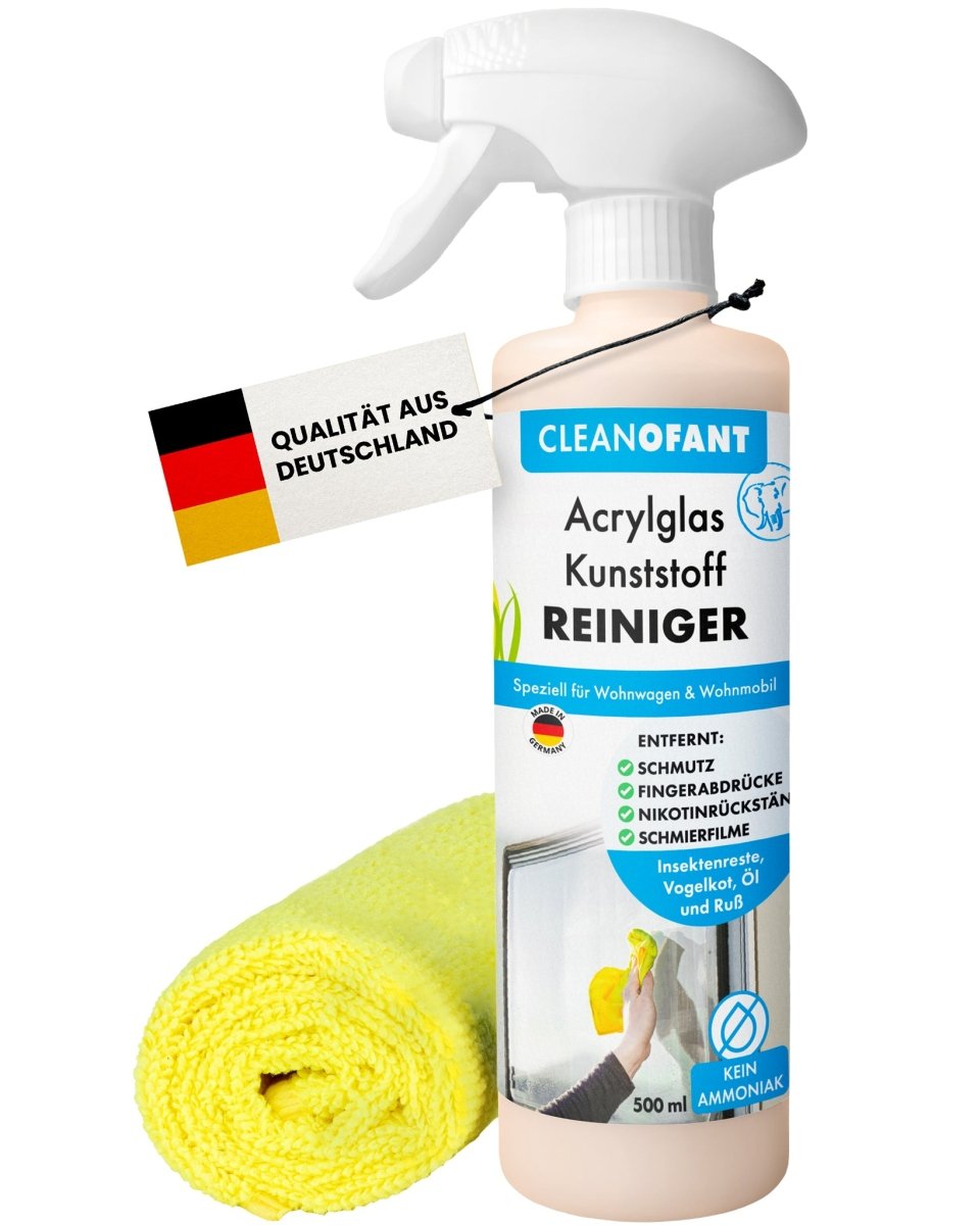 Acrylglas-Kunststoff-REINIGER 500 ml + 1x Mikrofasertuch GELB - CLEANOFANT