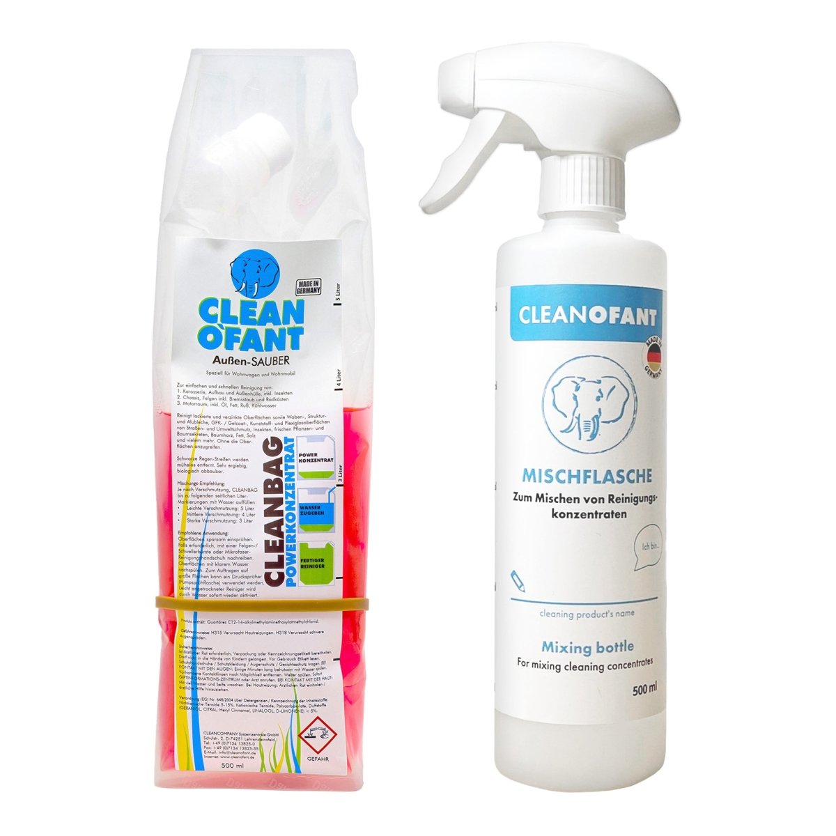 Außen - SAUBER 500 ml Konzentrat im CLEANBAG (Wohnwagenreiniger / Wohnmobilreiniger) + 500 ml Mischflasche - CLEANOFANT