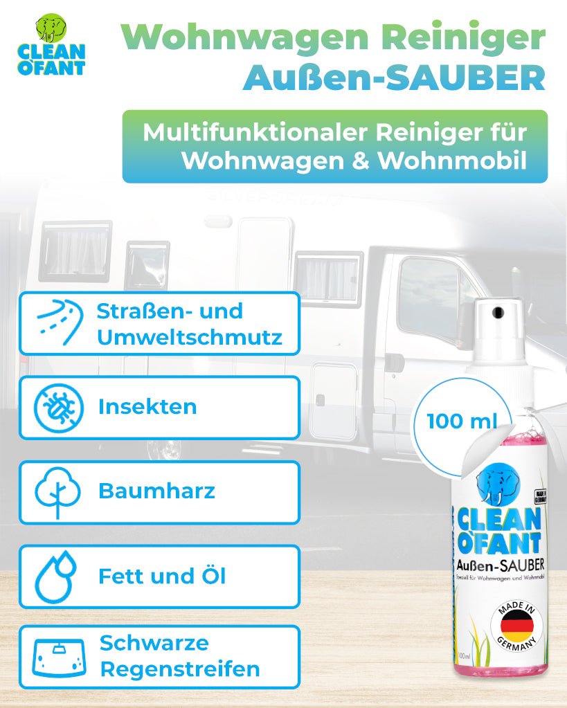 Außen - SAUBER 100 ml (Wohnwagenreiniger / Wohnmobilreiniger) - entfernt schwarze Streifen, Insekten, Straßen - & Umweltschmutz, Vermoosungen uvm. - CLEANOFANT