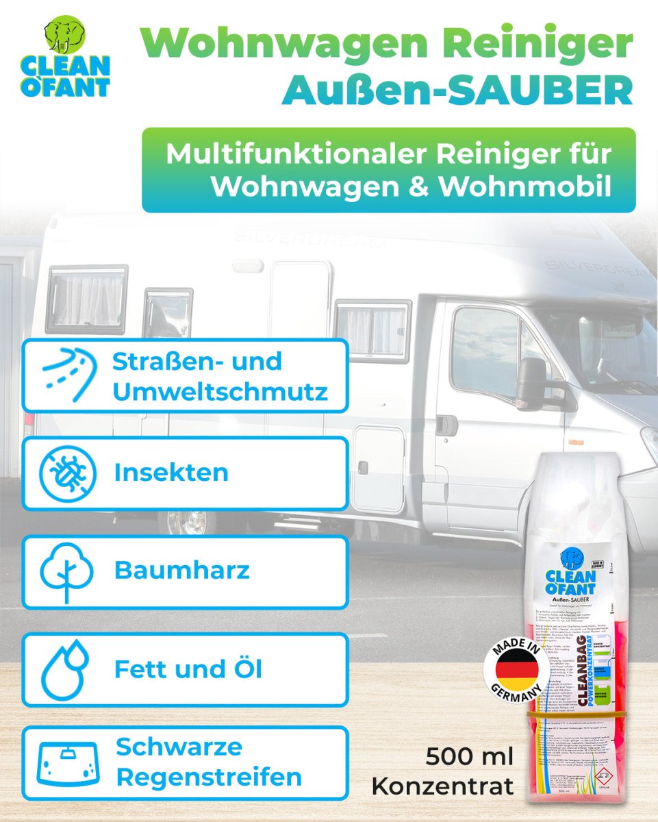 Außen - SAUBER 500 ml Konzentrat im CLEANBAG (Wohnwagenreiniger / Wohnmobilreiniger) - entfernt schwarze Streifen, Insekten, Straßen - & Umweltschmutz, Vermoosungen uvm. - CLEANOFANT