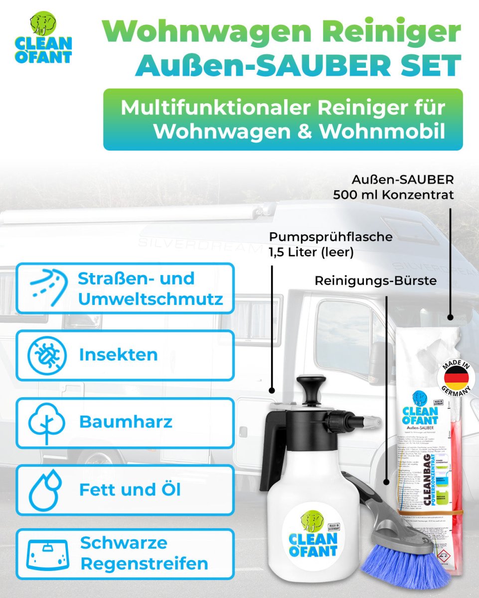 Außen - SAUBER SET (Wohnwagenreiniger / Wohnmobilreiniger) - entfernt schwarze Streifen, Insekten, Straßen - & Umweltschmutz, Vermoosungen uvm. - CLEANOFANT