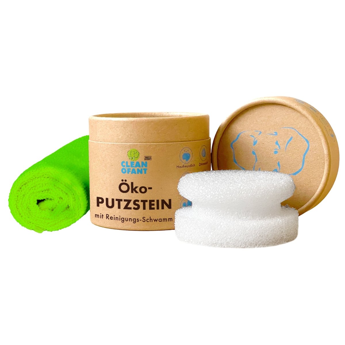 ÖKO - Putzstein ohne chemische Zusätze, mikroplastikfrei - 300g mit Reinigungs - Schwamm + Mikrofaser - Reinigungs - Tuch - SET - vielseitig nachhaltig kraftvoll ergiebig - Caravan Auto Wohnwagen Wohnmobil Motorrad Fahrrad - Haushalt Camping Garten uvm. - CLEANOFANT