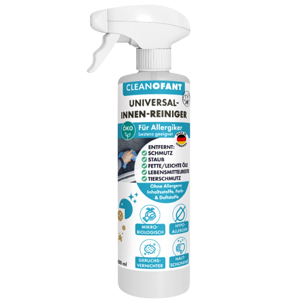 Universal - Innenreiniger Mikrobiologisch Allergiker - 500 ml entfernt Staub, Fette, leichte Öle, Kosmetik - Rückstände, Getränke - und Lebensmittelreste, Tierschmutz uvm. (Caravan / Wohnwagen / Wohnmobil) - CLEANOFANT