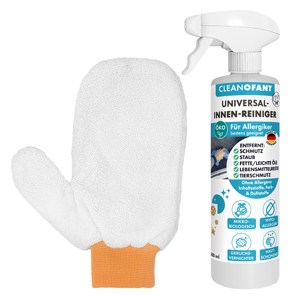 Universal - Innenreiniger Mikrobiologisch Allergiker - 500 ml + Mikrofaser - Reinigungshandschuh Innenraum entfernt Staub, Fette, leichte Öle, Kosmetik - Rückstände, Getränke - und Lebensmittelreste, Tierschmutz uvm. (Caravan / Wohnwagen / Wohnmobil) - CLEANOFANT
