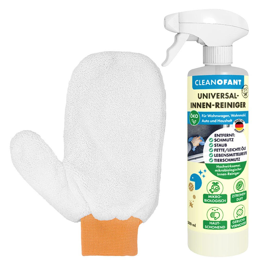 Universal - Innenreiniger Mikrobiologisch Duft Zitrone - 500 ml + Mikrofaser - Reinigungshandschuh Innenraum entfernt Staub, Fette, leichte Öle, Getränke - und Lebensmittelreste, Tierschmutz uvm. (Caravan / Wohnwagen / Wohnmobil) - CLEANOFANT