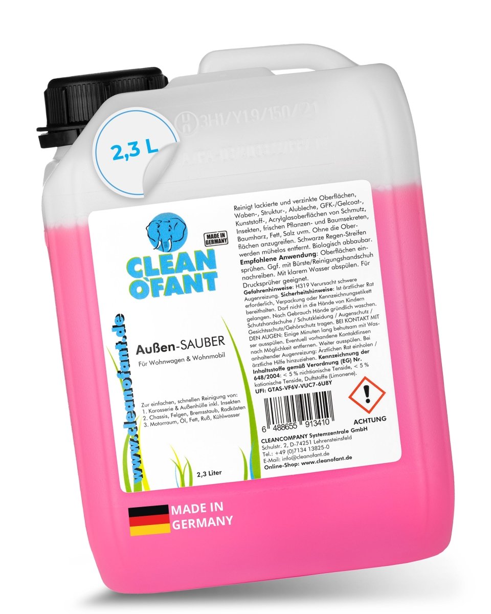 Außen - SAUBER 2,3 Liter (Wohnwagenreiniger / Wohnmobilreiniger) - entfernt schwarze Streifen, Insekten, Straßen - & Umweltschmutz, Vermoosungen uvm. - CLEANOFANT