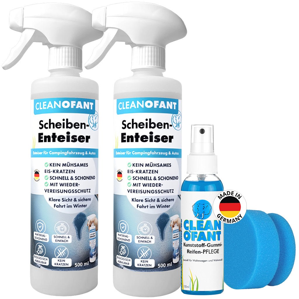 Winter - Profi - Set Scheiben - ENTEISER Spray + Kunststoff+Gummi - PFLEGE + Premium - Mikrofaser - Tuch - CLEANOFANT