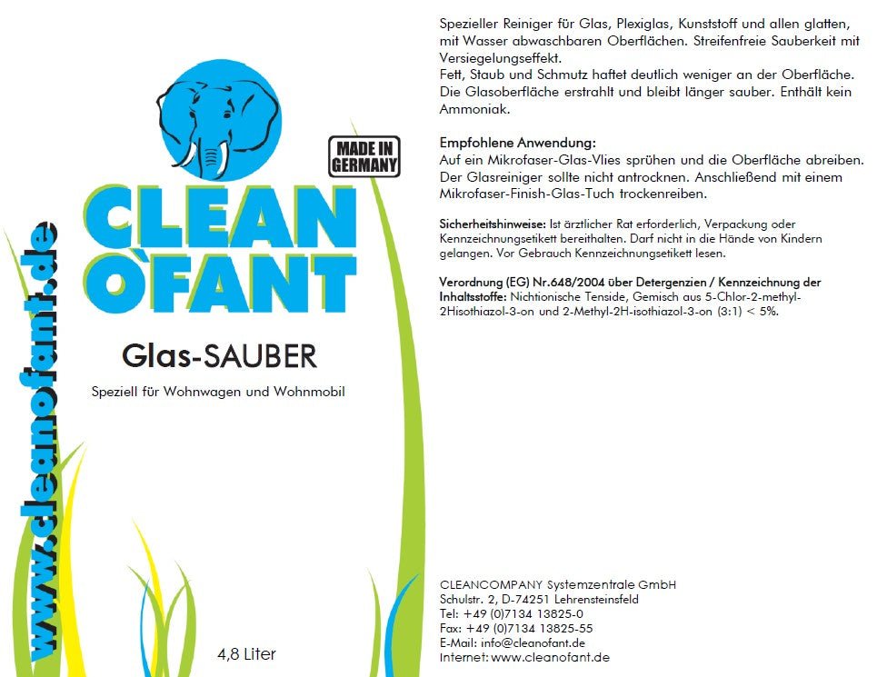 CLEANOFANT Glas-SAUBER (Glasreiniger) 4,8 Liter für Wohnwagen, Wohnmobil, Caravan, Haushalt