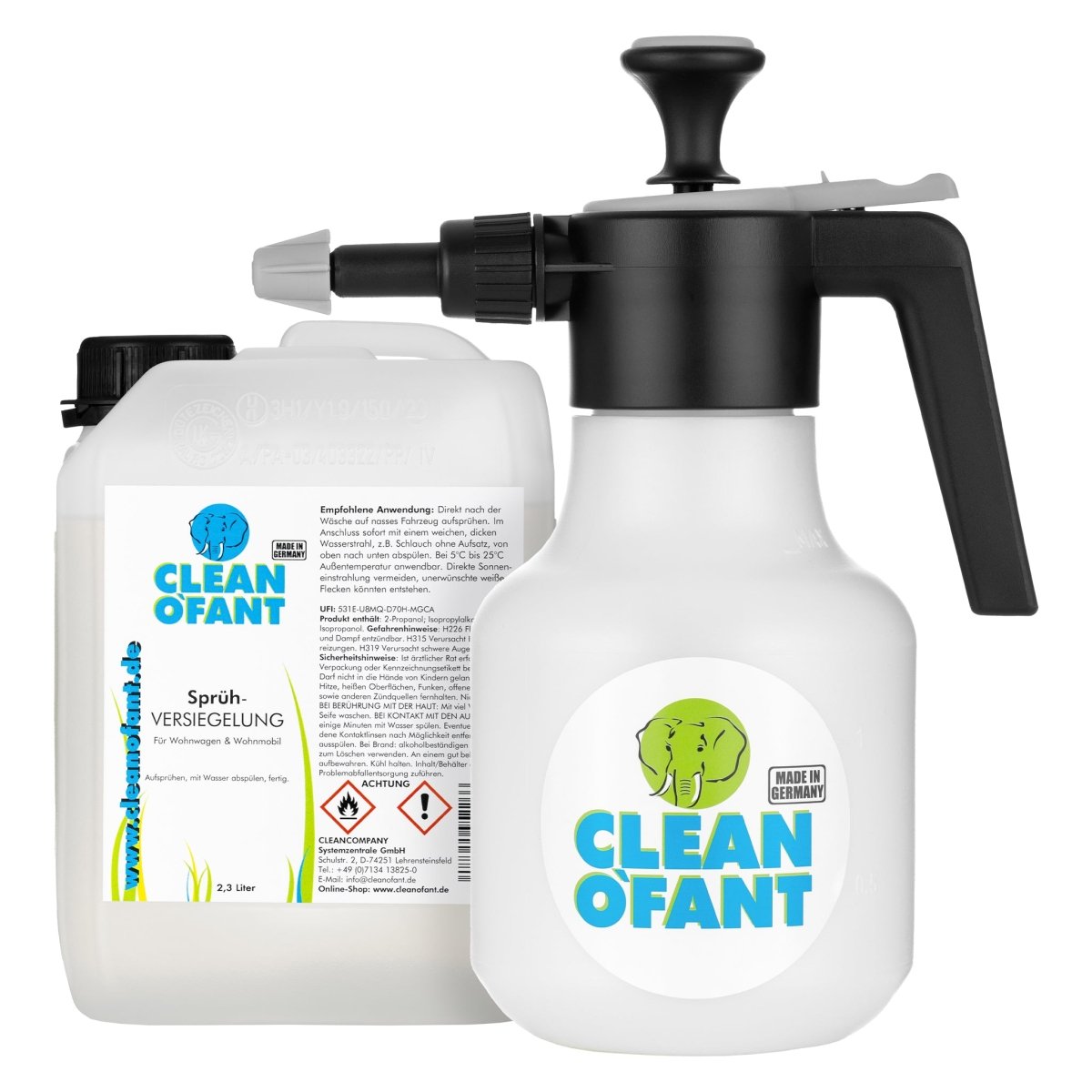 Sprüh-VERSIEGELUNG 2,3 Liter (Wohnwagen / Wohnmobil) + Pumpsprühflasche Profi 1,5 Liter (Drucksprüher) - Düse verstellbar Set - CLEANOFANT