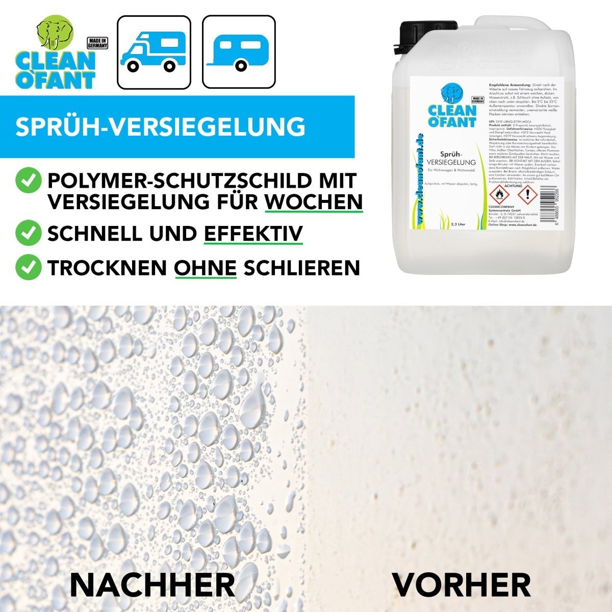 Sprüh-VERSIEGELUNG 2,3 Liter (Wohnwagen / Wohnmobil) + Pumpsprühflasche Profi 1,5 Liter (Drucksprüher) - Düse verstellbar Set - CLEANOFANT
