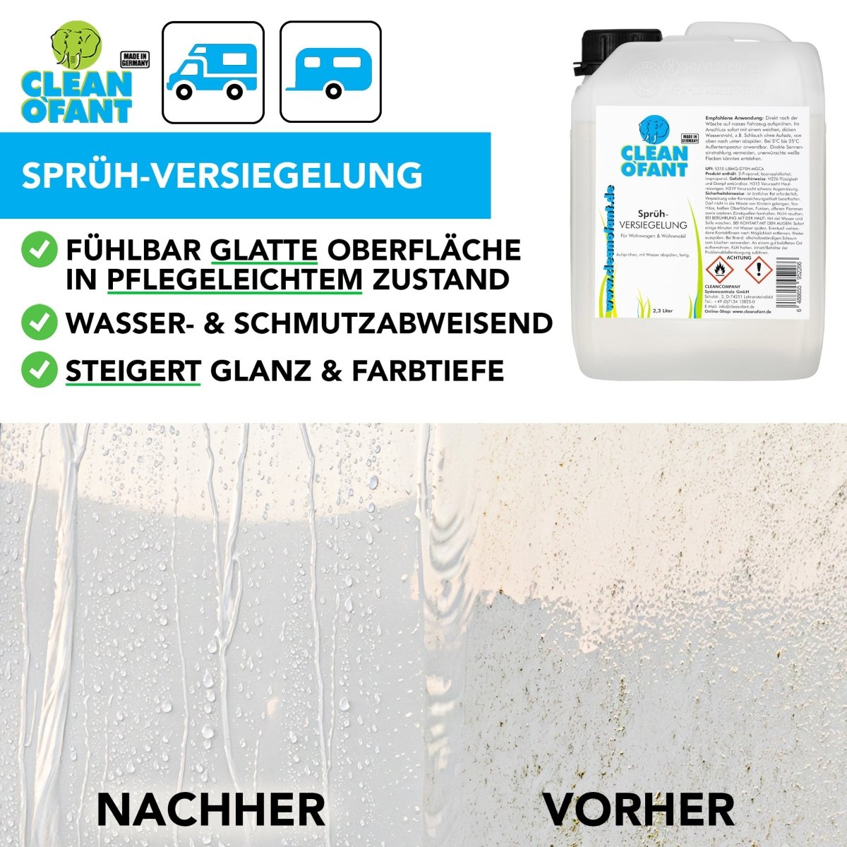 Sprüh-VERSIEGELUNG 2,3 Liter (Wohnwagen / Wohnmobil) + Pumpsprühflasche Profi 1,5 Liter (Drucksprüher) - Düse verstellbar Set - CLEANOFANT