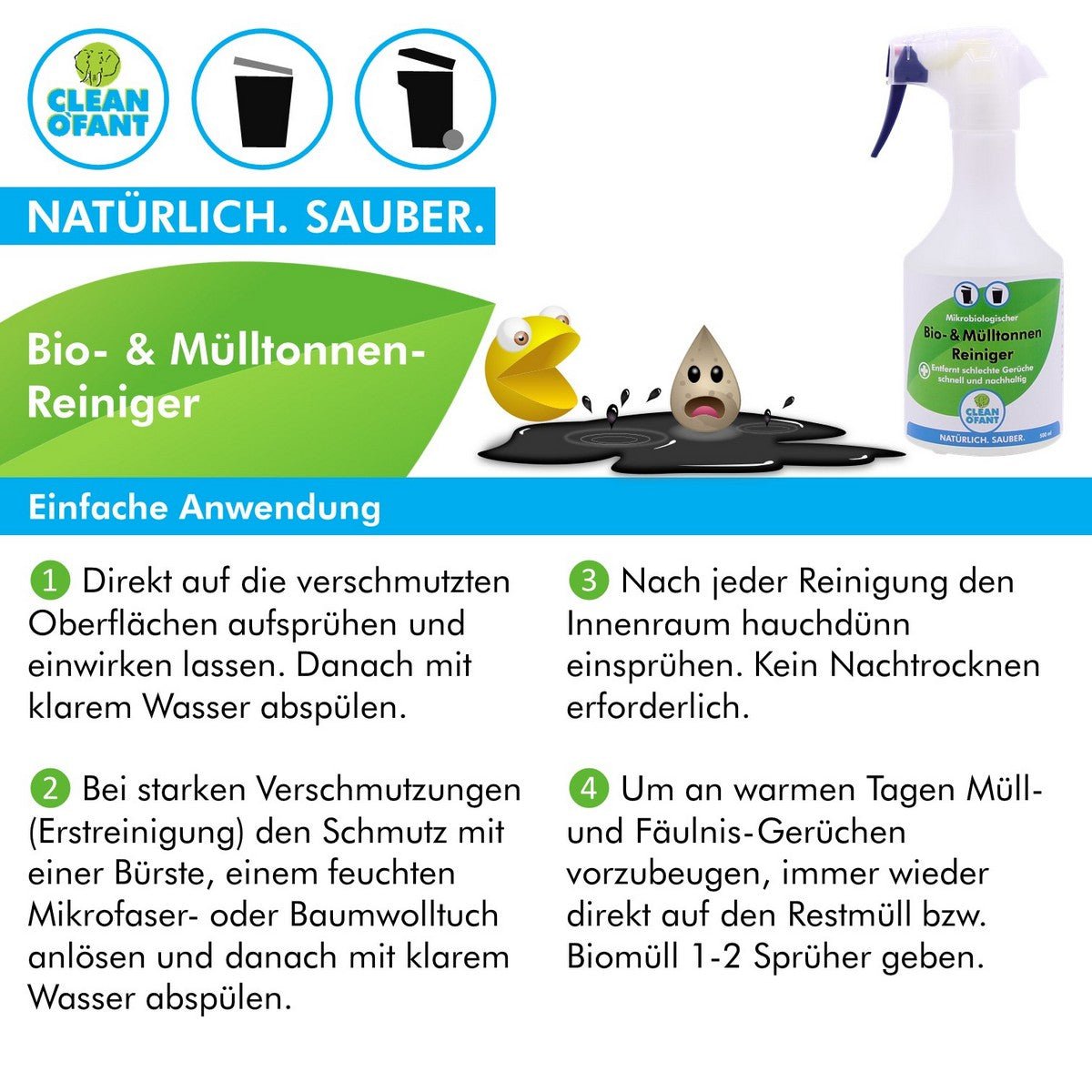 Bio - & Mülltonnen - Reiniger - mikrobiologisch - 4,8 Liter + 500 ml Sprühflasche leer + Reinigungs - Bürste Universal - verhindert Geruchsbildung - vorbeugend gegen Fruchtfliegen und Maden - CLEANOFANT