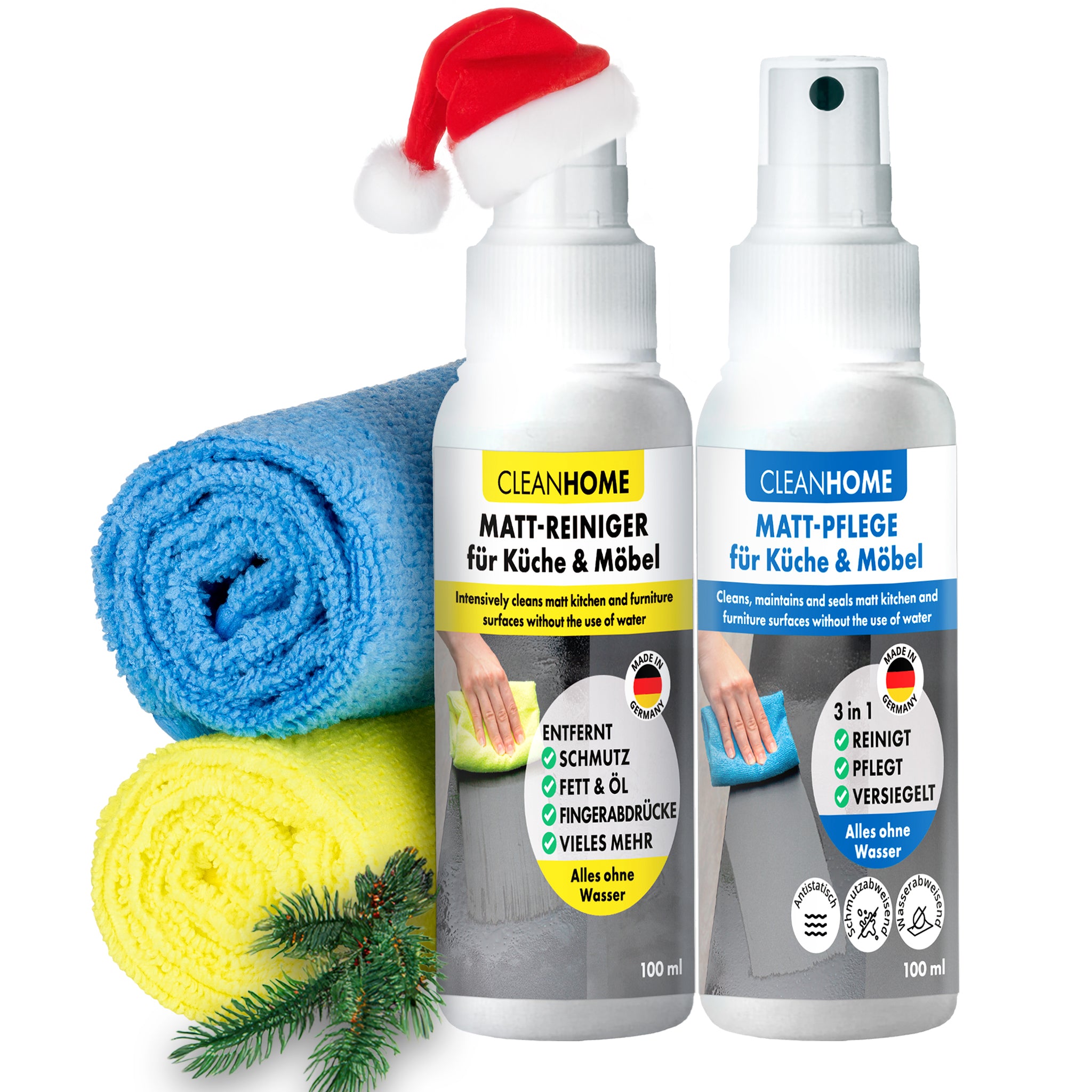 CLEANHOME Matt-CLEAN + Matt-CARE SET para frentes de cocina y muebles mates elimina de forma rápida y sencilla la suciedad, la grasa, el aceite y las huellas dactilares: limpia, cuida y sella, manteniendo el efecto mate de alta calidad.