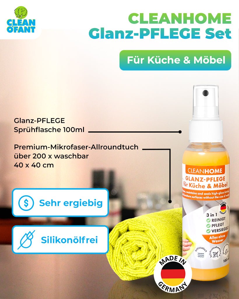 CLEANHOME GLANZ - PFLEGE Set Küche & Möbel - CLEANOFANT