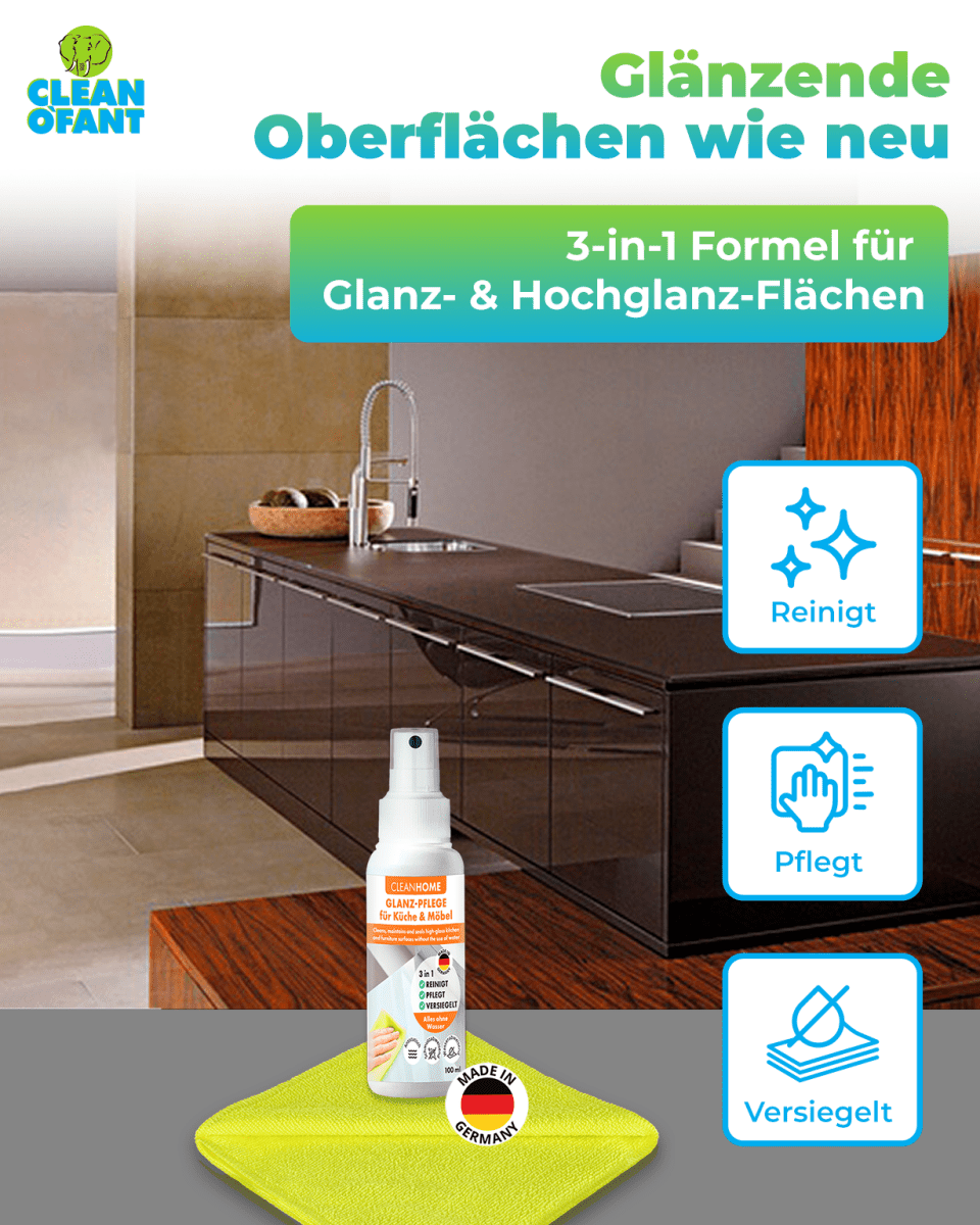 CLEANHOME UniQuick SAUBER+PFLEGE - SET für Küchen - und Möbel - Hochglanzfronten - CLEANOFANT