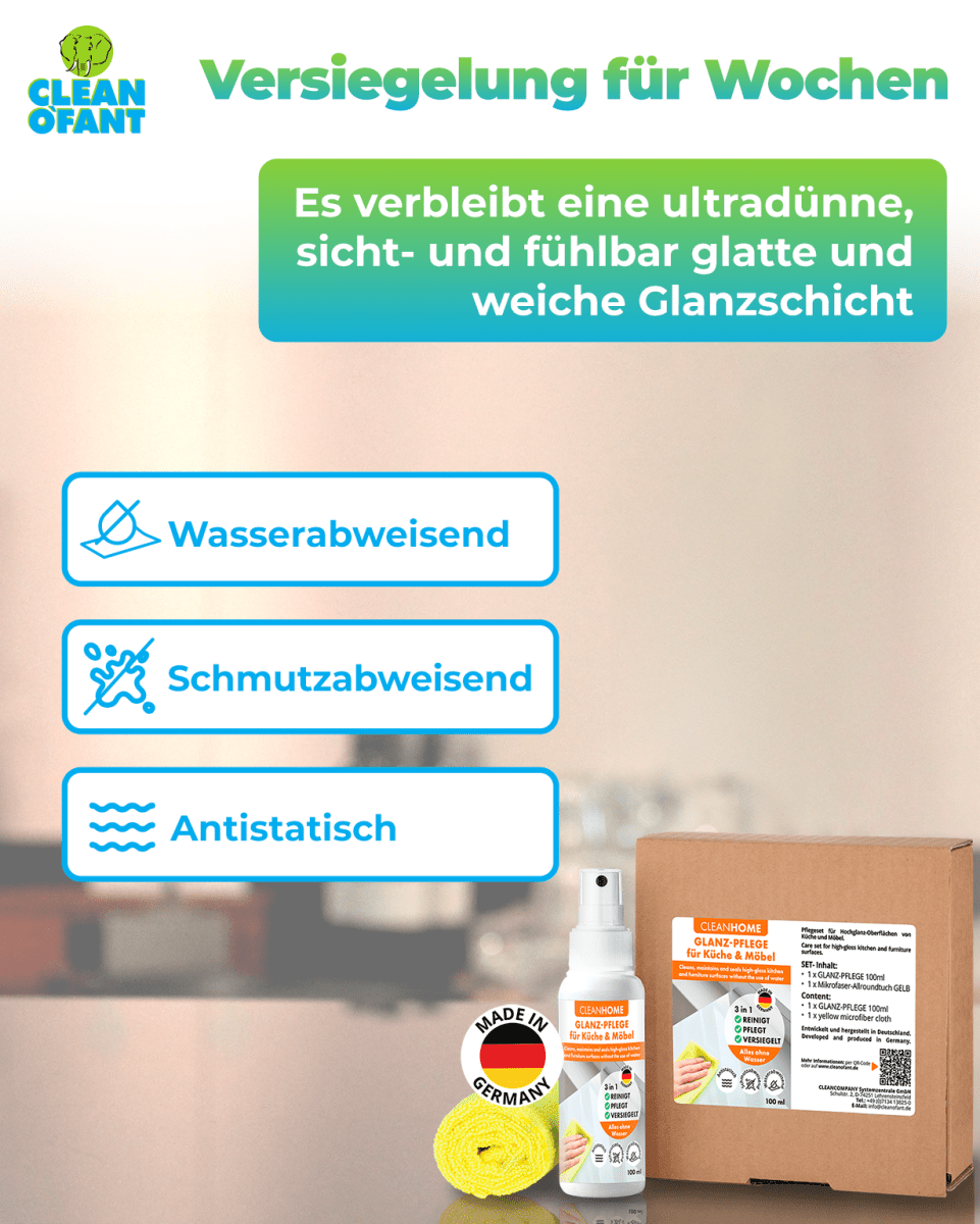 CLEANHOME UniQuick SAUBER+PFLEGE - SET für Küchen - und Möbel - Hochglanzfronten - CLEANOFANT