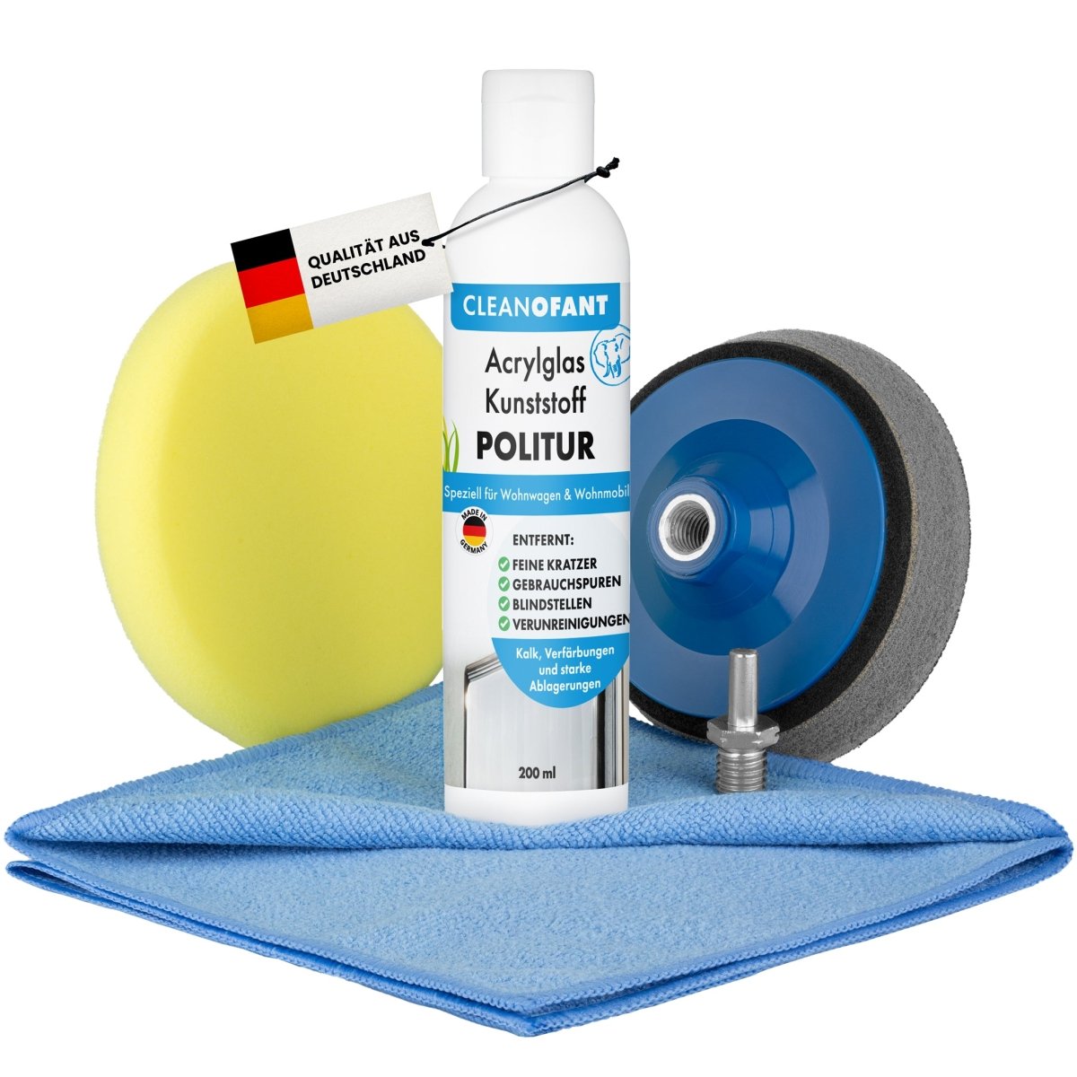 Acrylglas-Kunststoff-POLITUR Set mit Adapter (für Akku-Schrauber / Poliermaschine) - CLEANOFANT