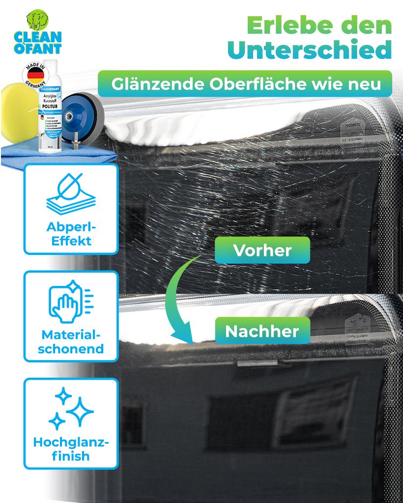 Acrylglas-Kunststoff-POLITUR Set mit Adapter (für Akku-Schrauber / Poliermaschine) - CLEANOFANT
