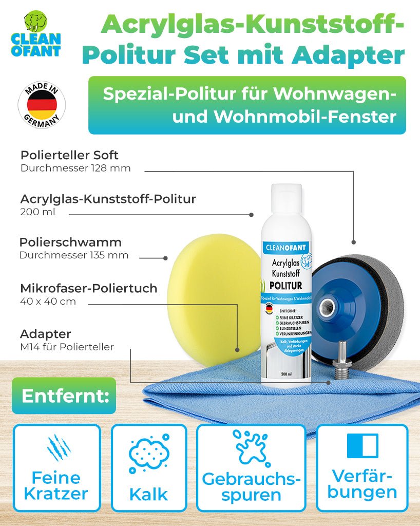 Acrylglas-Kunststoff-POLITUR Set mit Adapter (für Akku-Schrauber / Poliermaschine) - CLEANOFANT