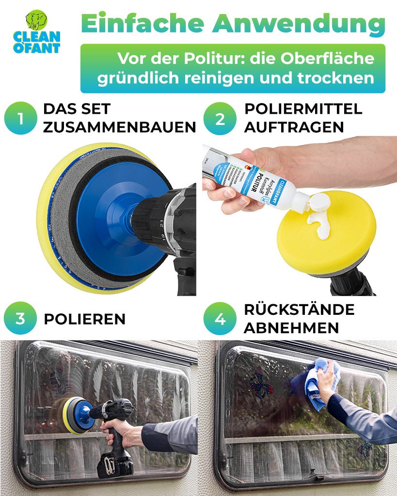Acrylglas-Kunststoff-POLITUR Set mit Adapter (für Akku-Schrauber / Poliermaschine) - CLEANOFANT