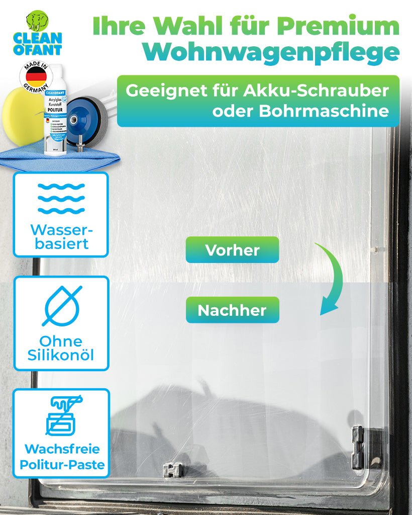 Acrylglas-Kunststoff-POLITUR Set mit Adapter (für Akku-Schrauber / Poliermaschine) - CLEANOFANT