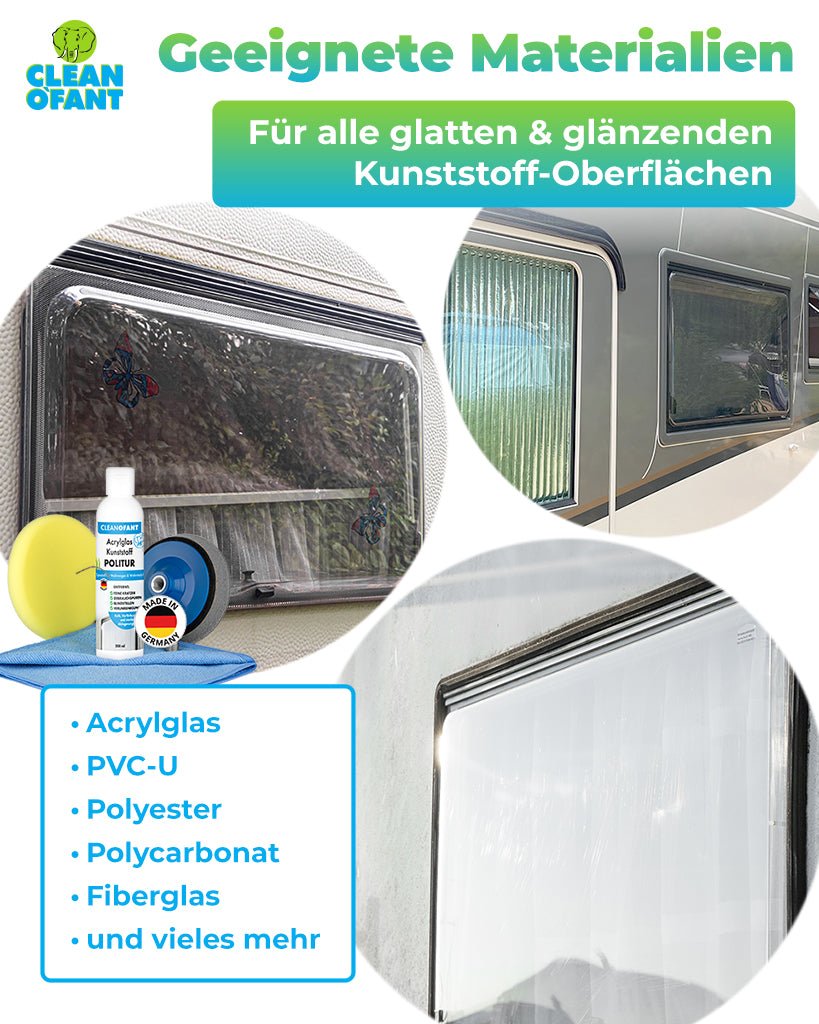 Acrylglas-Kunststoff-POLITUR Set mit Adapter (für Akku-Schrauber / Poliermaschine) - CLEANOFANT