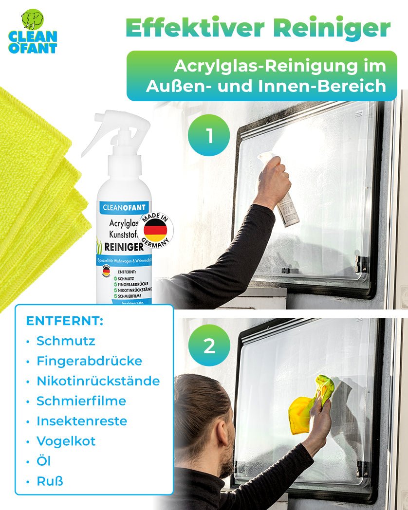 Acrylglas-Kunststoff-REINIGER 200 ml + 1x Mikrofasertuch GELB - CLEANOFANT