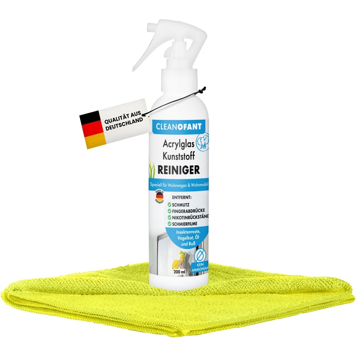 Acrylglas-Kunststoff-REINIGER 200 ml + 1x Mikrofasertuch GELB - CLEANOFANT