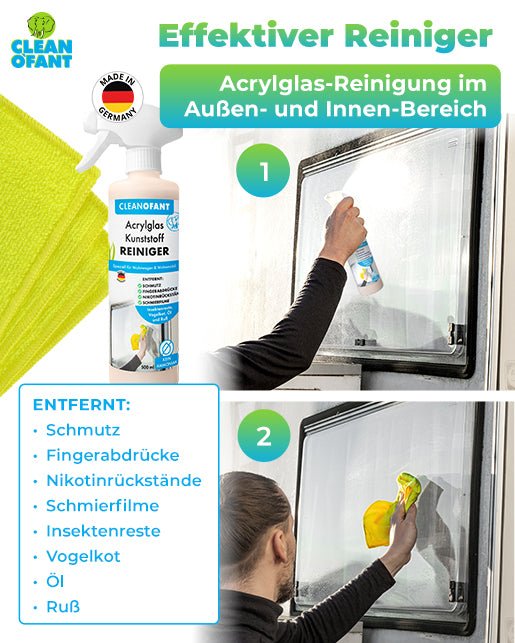 Acrylglas-Kunststoff-REINIGER 500 ml + 1x Mikrofasertuch GELB - CLEANOFANT