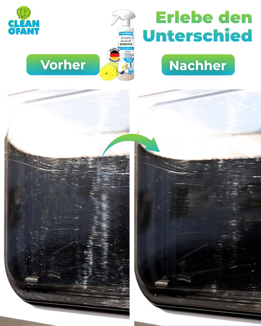 Acrylglas - SAUBER (Reiniger) - 500 ml entfernt mühelos und schonend Schmutz, Fingerabdrücke, Nikotinrückstände uvm. geeignet für Caravan Wohnwagen Wohnmobil Fenster Außen - & Innen + 1 x Mikrofasertuch GELB - CLEANOFANT