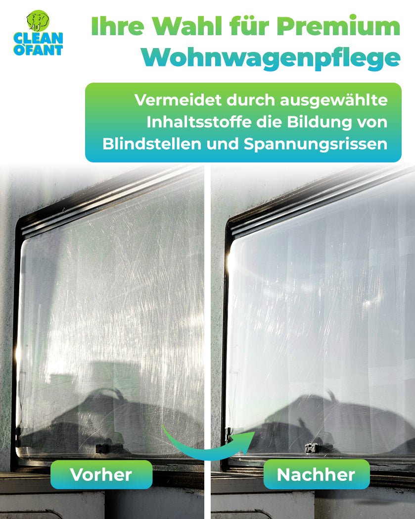 Acrylglas - SAUBER (Reiniger) - 500 ml entfernt mühelos und schonend Schmutz, Fingerabdrücke, Nikotinrückstände uvm. geeignet für Caravan Wohnwagen Wohnmobil Fenster Außen - & Innen + 1 x Mikrofasertuch GELB - CLEANOFANT