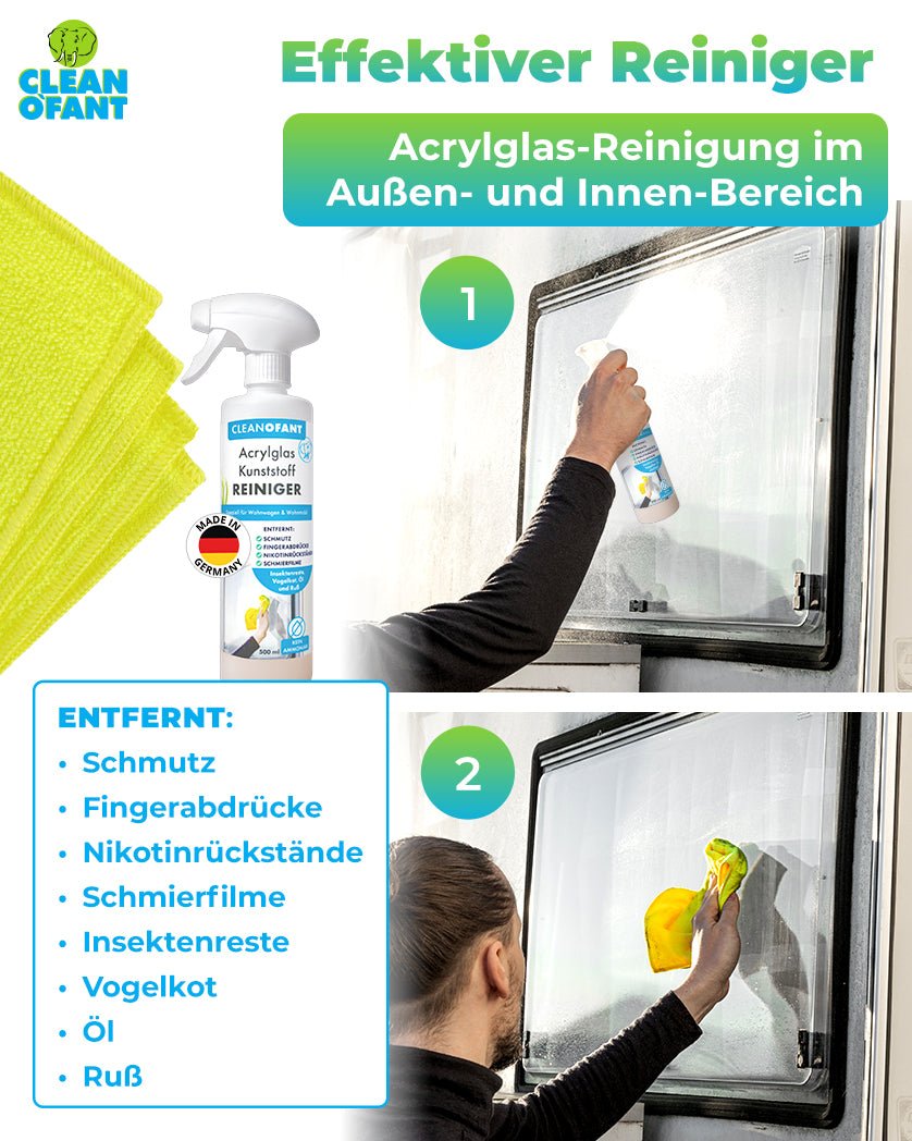 Acrylglas - SAUBER (Reiniger) - 500 ml entfernt mühelos und schonend Schmutz, Fingerabdrücke, Nikotinrückstände uvm. geeignet für Caravan Wohnwagen Wohnmobil Fenster Außen - & Innen + 1 x Mikrofasertuch GELB - CLEANOFANT
