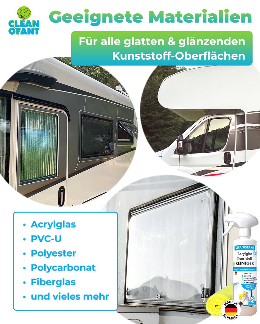 Acrylglas - SAUBER (Reiniger) - 500 ml entfernt mühelos und schonend Schmutz, Fingerabdrücke, Nikotinrückstände uvm. geeignet für Caravan Wohnwagen Wohnmobil Fenster Außen - & Innen + 1 x Mikrofasertuch GELB - CLEANOFANT