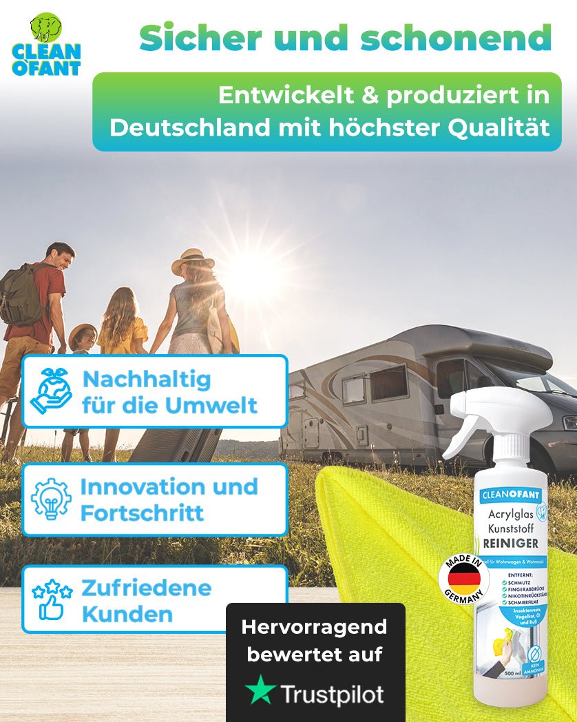 Acrylglas - SAUBER (Reiniger) - 500 ml entfernt mühelos und schonend Schmutz, Fingerabdrücke, Nikotinrückstände uvm. geeignet für Caravan Wohnwagen Wohnmobil Fenster Außen - & Innen + 1 x Mikrofasertuch GELB - CLEANOFANT