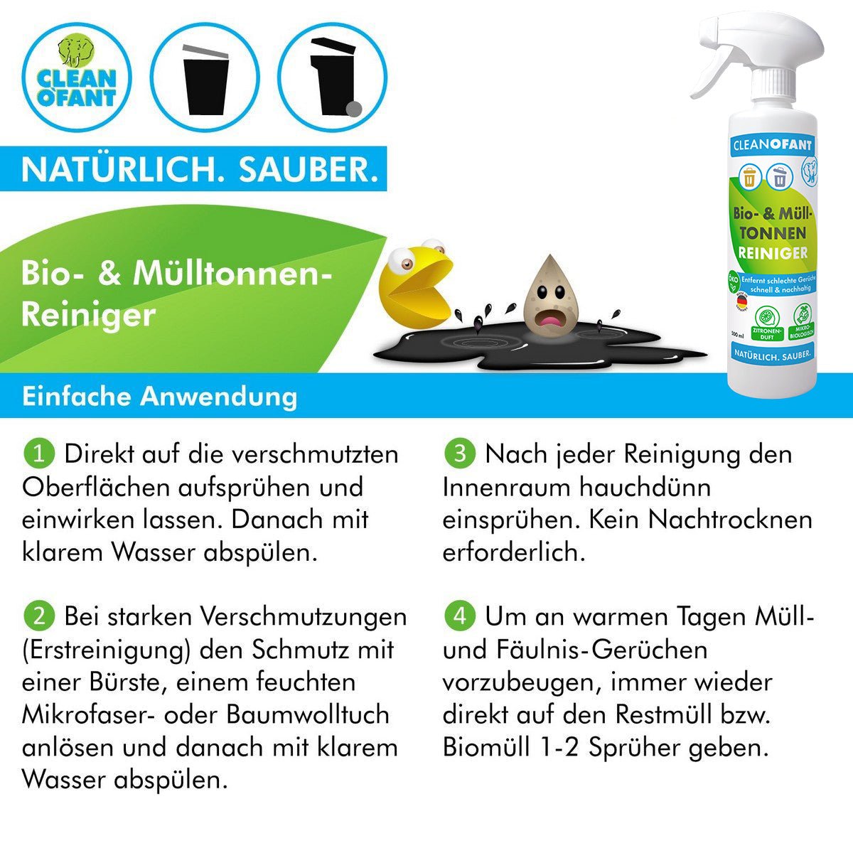 Bio - & Mülltonnen - Reiniger (gebrauchsfertig) 500 ml + Reinigungs - Bürste - CLEANOFANT