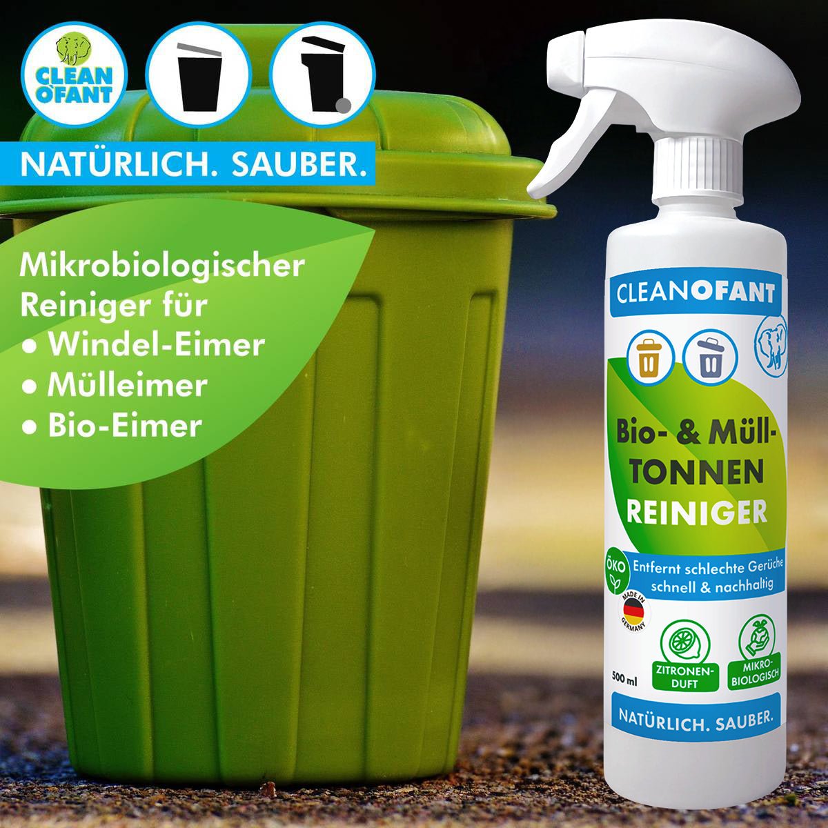 Bio - & Mülltonnen - Reiniger (gebrauchsfertig) 500 ml + Reinigungs - Bürste - CLEANOFANT