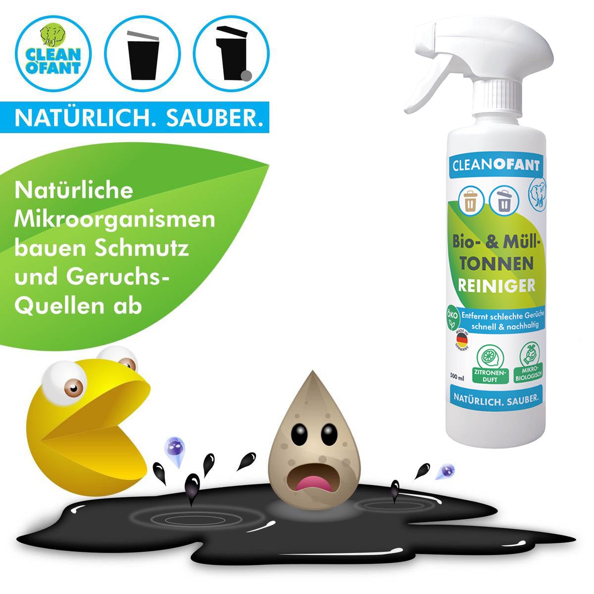 Bio - & Mülltonnen - Reiniger (gebrauchsfertig) 500 ml + Reinigungs - Bürste - CLEANOFANT