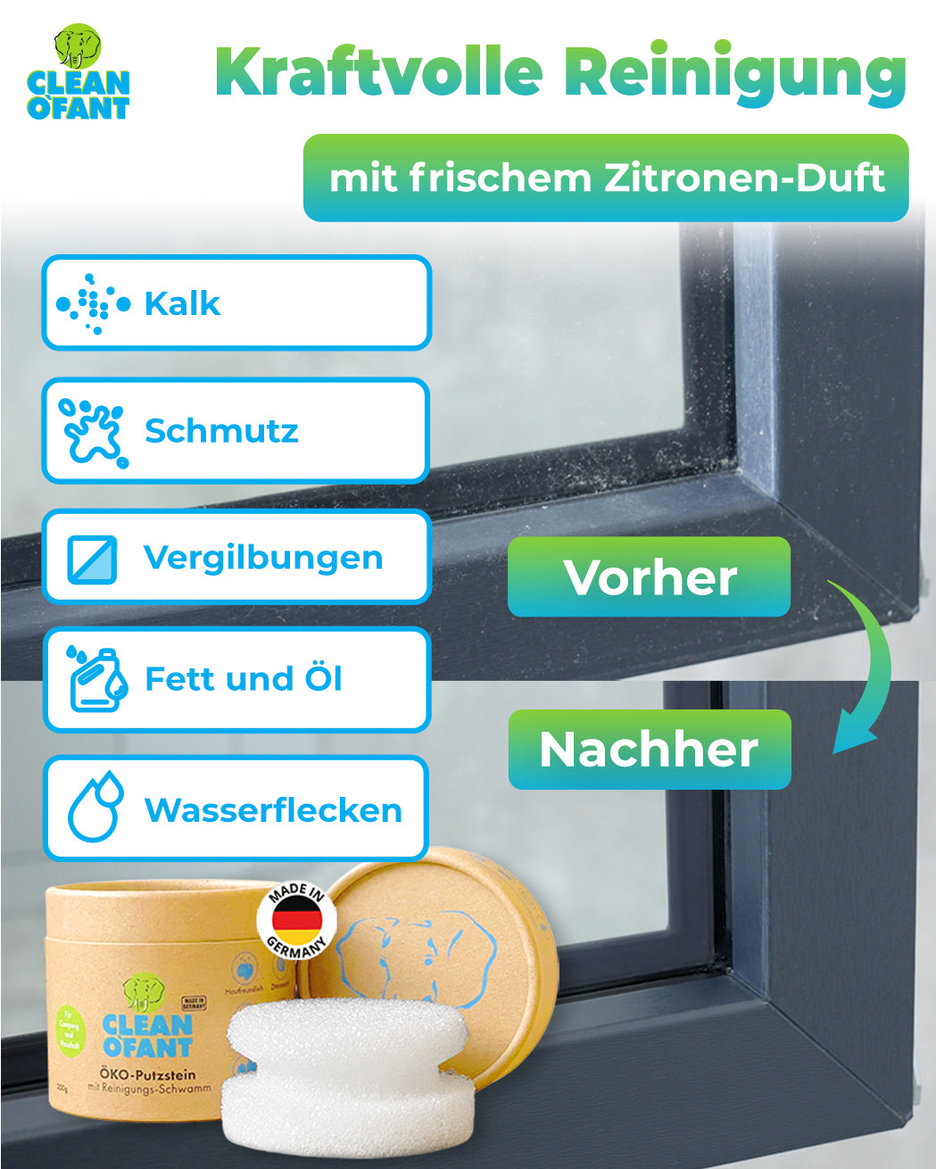 ÖKO-Putzstein ohne chemische Zusätze, mikroplastikfrei mit Reinigungs-Schwamm in der recyclebaren Karton-Dose - vielseitig nachhaltig kraftvoll ergiebig - Caravan Auto Wohnwagen Wohnmobil Motorrad Fahrrad - Haushalt Camping Garten uvm.