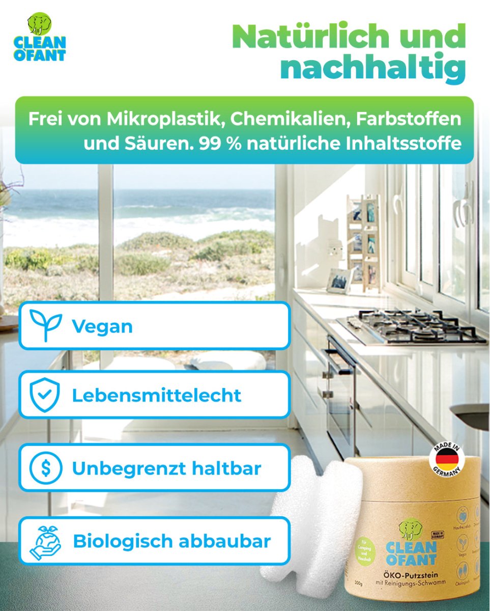 ÖKO - Putzstein ohne chemische Zusätze, mikroplastikfrei - 300g mit Reinigungs - Schwamm in der recyclebaren Karton - Dose - vielseitig nachhaltig kraftvoll ergiebig - Caravan Auto Wohnwagen Wohnmobil Motorrad Fahrrad - Haushalt Camping Garten uvm. - CLEANOFANT