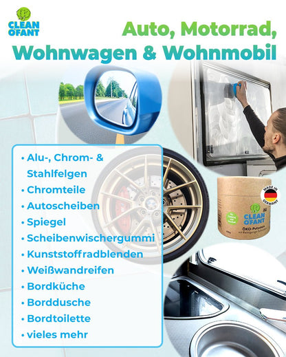 CLEANOFANT ÖKO - Putzstein ohne chemische Zusätze, mikroplastikfrei - 300g mit Reinigungs - Schwamm in der recyclebaren Karton - Dose - vielseitig nachhaltig kraftvoll ergiebig - Caravan Auto Wohnwagen Wohnmobil Motorrad Fahrrad - Haushalt Camping Garten uvm. - CLEANOFANT