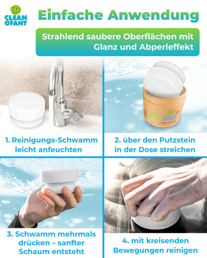 ÖKO - Putzstein ohne chemische Zusätze, mikroplastikfrei - 300g mit Reinigungs - Schwamm in der recyclebaren Karton - Dose - vielseitig nachhaltig kraftvoll ergiebig - Caravan Auto Wohnwagen Wohnmobil Motorrad Fahrrad - Haushalt Camping Garten uvm. - CLEANOFANT