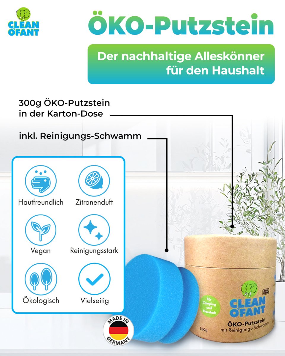 CLEANOFANT ÖKO - Putzstein ohne chemische Zusätze, 300g, mit Reinigungs - Schwamm (Wohnwagen / Wohnmobil) in der Karton - Dose aus mehr als 99% Papier, Innen - Beschichtung, Entsorgung über das Altpapier. - CLEANOFANT