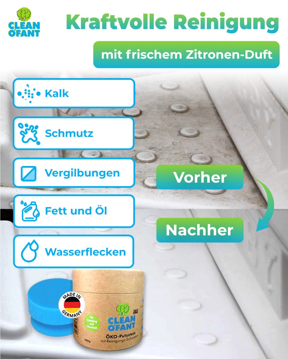 CLEANOFANT ÖKO - Putzstein ohne chemische Zusätze, 300g, mit Reinigungs - Schwamm (Wohnwagen / Wohnmobil) in der Karton - Dose aus mehr als 99% Papier, Innen - Beschichtung, Entsorgung über das Altpapier. - CLEANOFANT