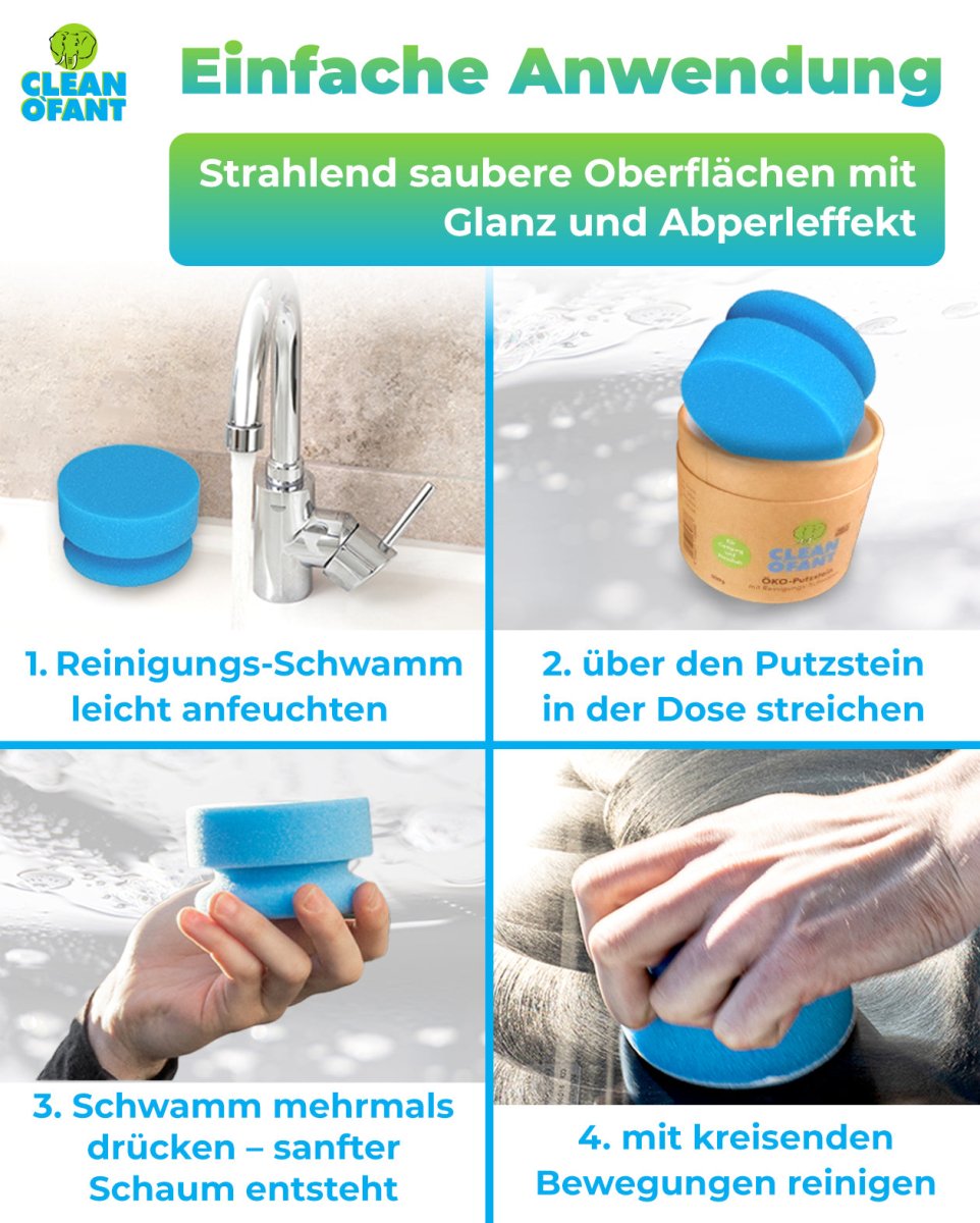 CLEANOFANT ÖKO - Putzstein ohne chemische Zusätze, 300g, mit Reinigungs - Schwamm (Wohnwagen / Wohnmobil) in der Karton - Dose aus mehr als 99% Papier, Innen - Beschichtung, Entsorgung über das Altpapier. - CLEANOFANT