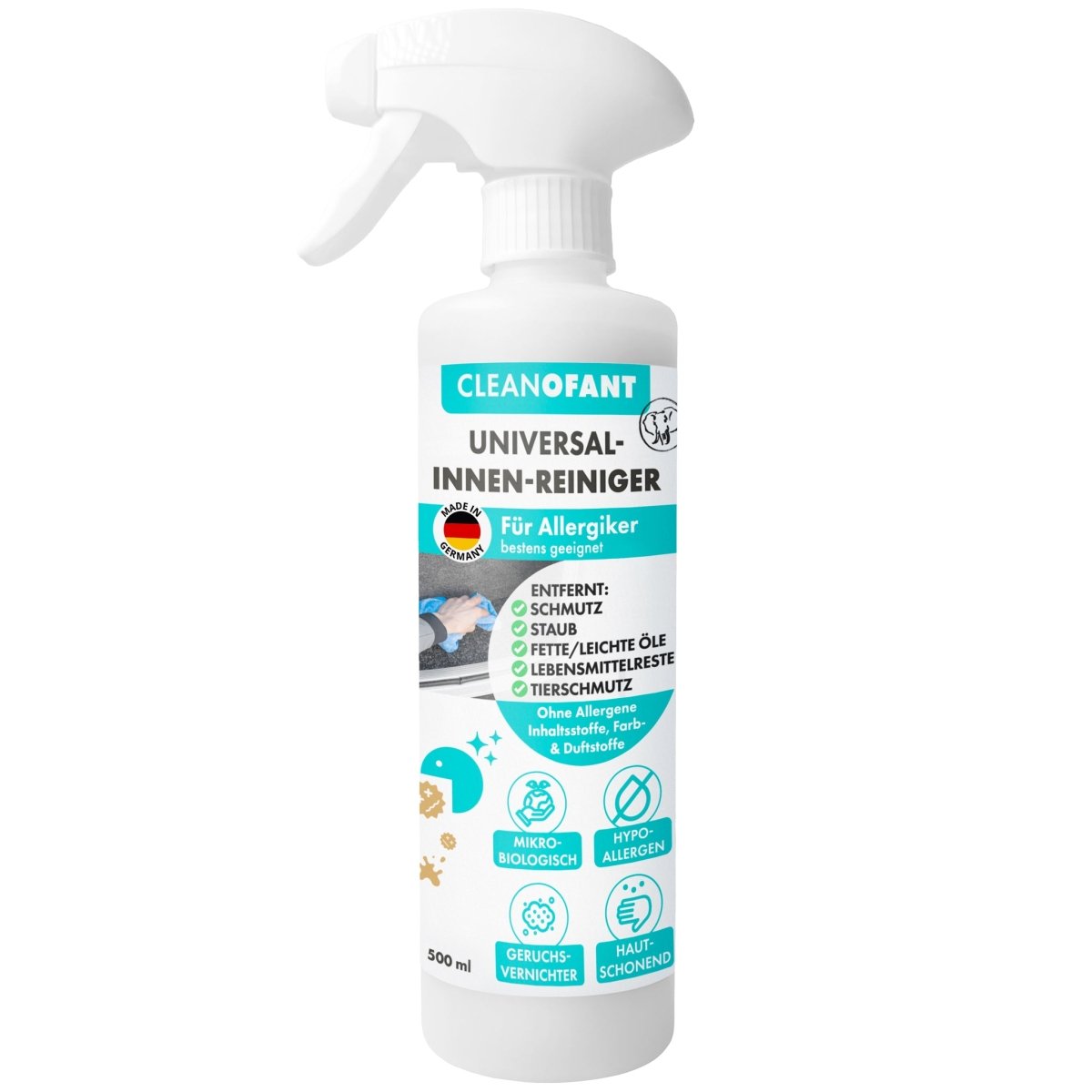 Innenreiniger Allergiker Mikrobiologisch - ohne Farb- und Duftstoffe - 500 ml + Mikrofaser-Reinigungshandschuh - CLEANOFANT