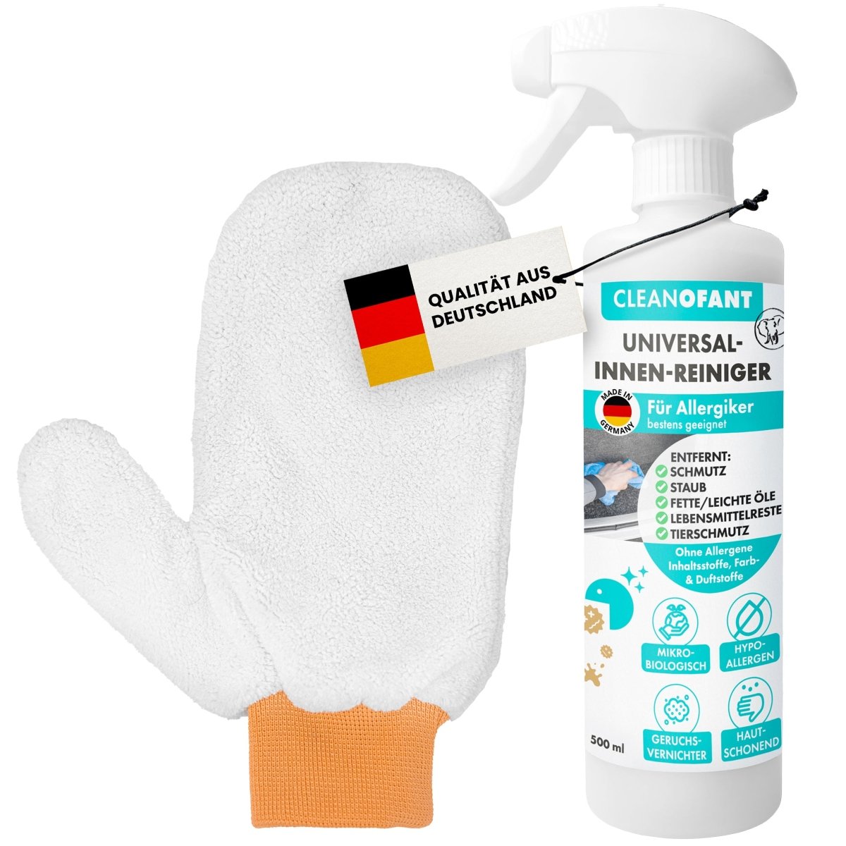 Innenreiniger Allergiker Mikrobiologisch - ohne Farb- und Duftstoffe - 500 ml + Mikrofaser-Reinigungshandschuh - CLEANOFANT