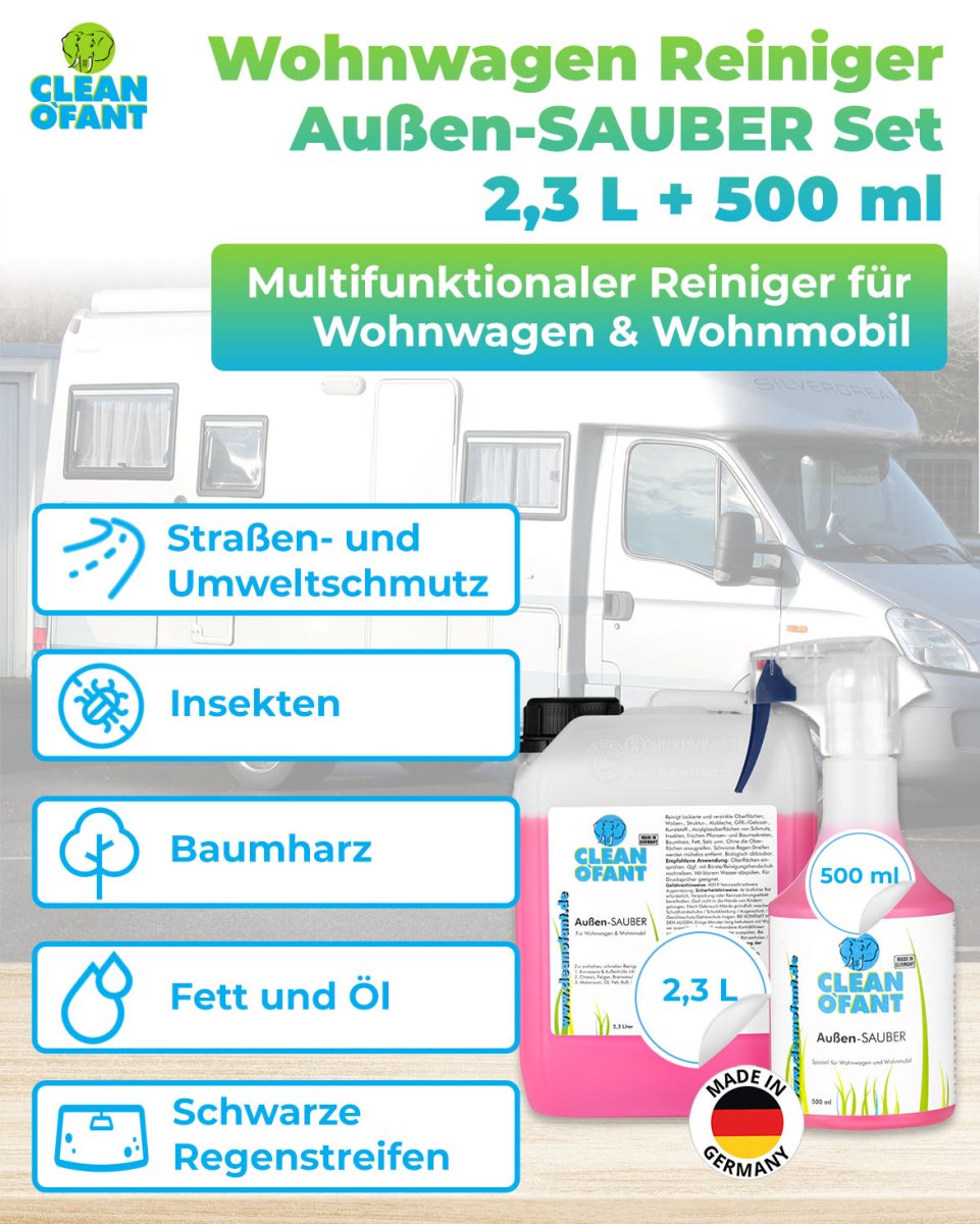 Außen Sauber 2,3L + 500ml Set (Wohnwagenreiniger / Wohnmobilreiniger) - entfernt schwarze Streifen, Insekten, Straßen - & Umweltschmutz, Vermoosungen uvm. - CLEANOFANT