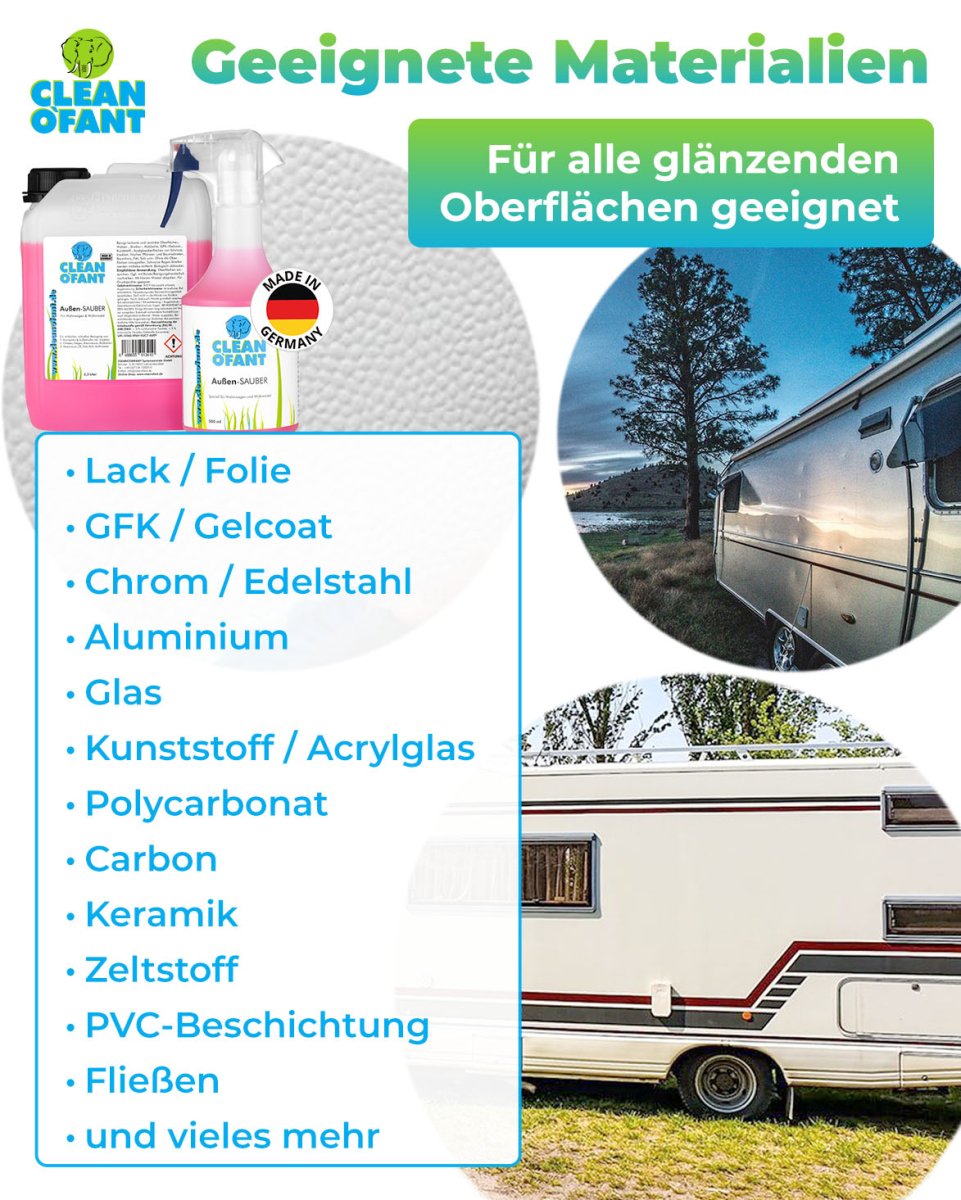 Außen Sauber 2,3L + 500ml Set (Wohnwagenreiniger / Wohnmobilreiniger) - entfernt schwarze Streifen, Insekten, Straßen - & Umweltschmutz, Vermoosungen uvm. - CLEANOFANT