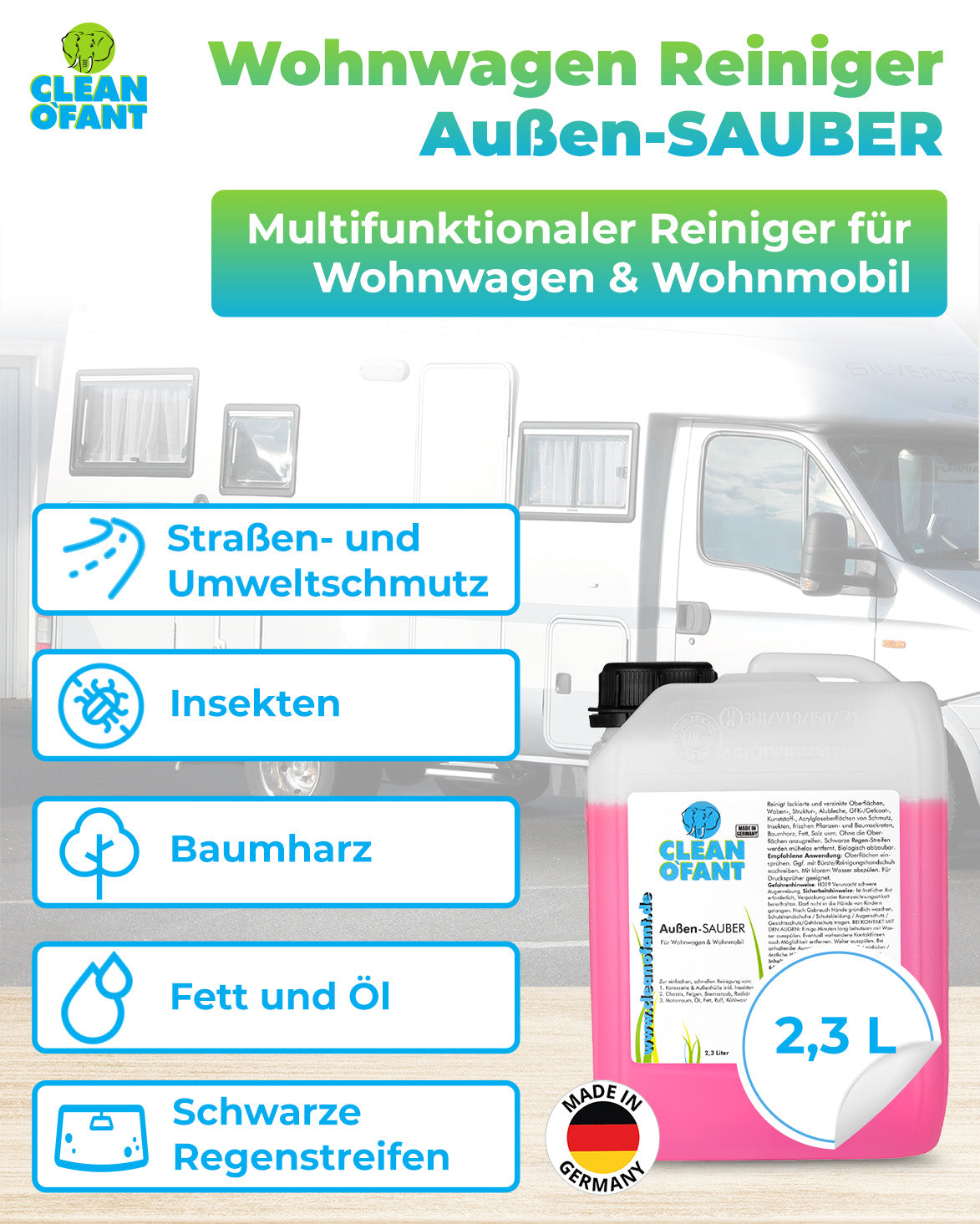 Außen - SAUBER 2,3 Liter (Wohnwagenreiniger / Wohnmobilreiniger) - entfernt schwarze Streifen, Insekten, Straßen - & Umweltschmutz, Vermoosungen uvm. - CLEANOFANT