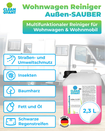Außen - SAUBER 2,3 Liter (Wohnwagenreiniger / Wohnmobilreiniger) - entfernt schwarze Streifen, Insekten, Straßen - & Umweltschmutz, Vermoosungen uvm. - CLEANOFANT